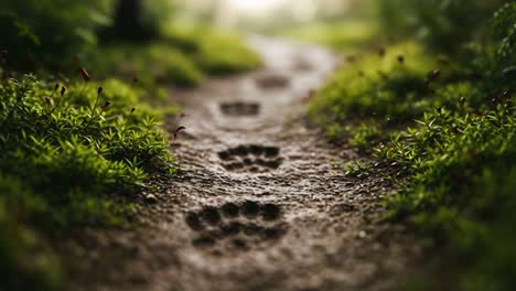 exploring the wilderness: a close-up view of animal tracks leading through a lush green pathway surrounded by flora and fauna in a serene forest environment