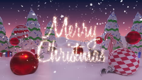 texto de feliz navidad y nieve cayendo sobre decoraciones de navidad y árboles en el paisaje de invierno