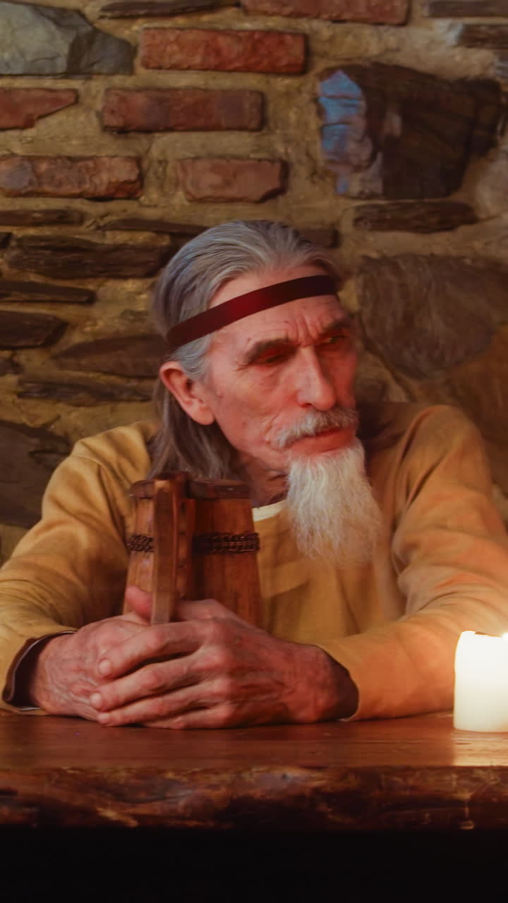 la gente descansa y el criado trabaja en la taberna medieval. extraño con pipa anciano y ladrón en capucha y joven camarera en el pub. actuación de juego de rol histórico