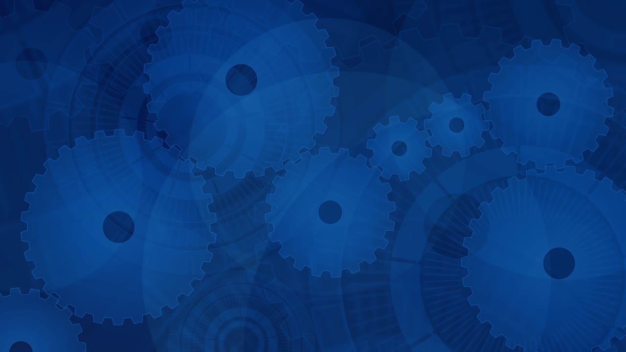Abstract blue background with rotating gears and cogwheels, complex systems automation and digital processes, industrial or technological backdrop