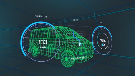 Animation-of-speedometer-over-electric-van-project-on-navy-background