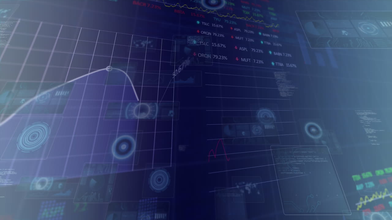 animación de círculos, radares, mapas, lenguaje informático, gráficos, tablas de negociación sobre un fondo negro