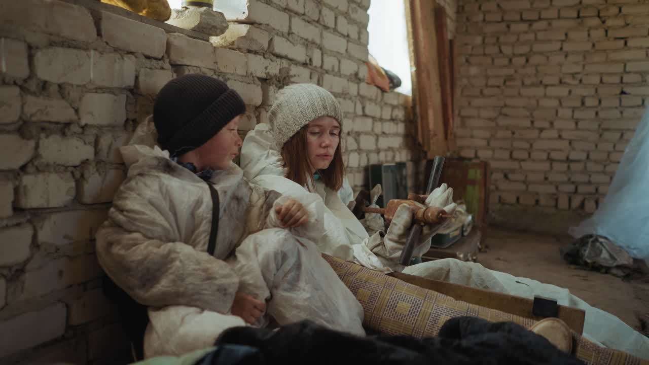 Displaced children dressed in worn protective clothing interact inside damaged brick shelter, one pointing at rusted tool in woman's hand, expressions show hardship after nuclear war