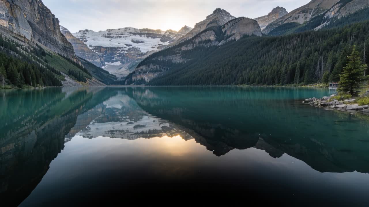 Video verticale: Sole basso che si sposta dietro le cime, facendo brillare il lago e rivelando un molo per i viaggi.