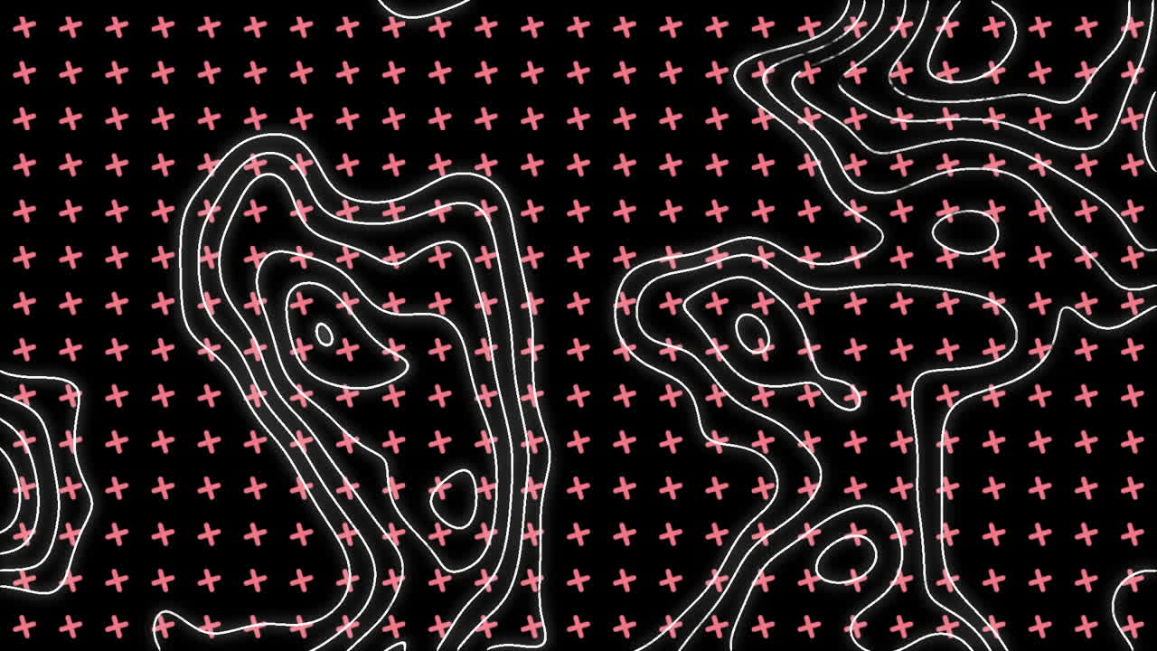 Animation of white contour lines moving over grid of turning pink crosses on black background
