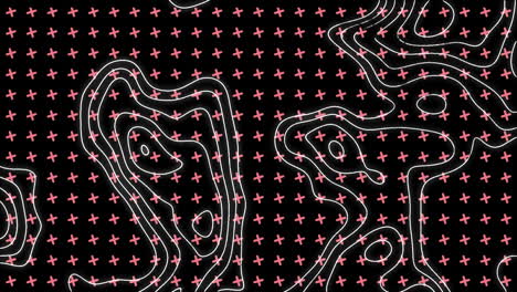 animation of white contour lines moving over grid of turning pink crosses on black background