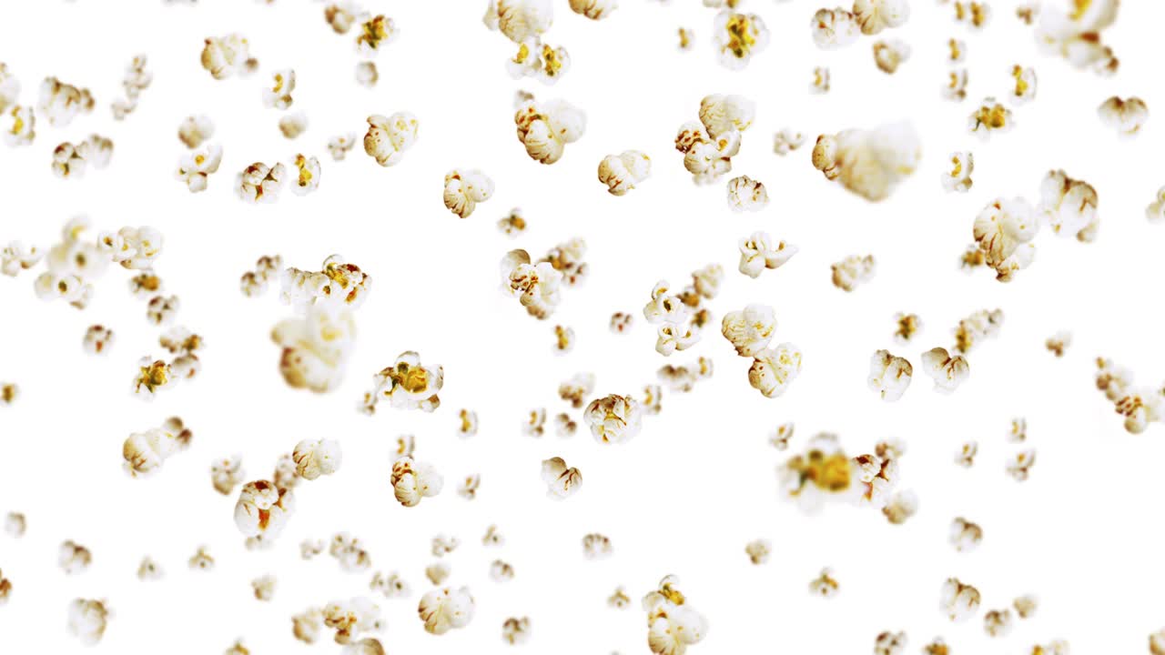 색 배경에 많은 팝콘을 날리는 색 소금 팝콘 건강한 음식 옥수수 씨 팝콘 회전의 3d 루프 애니메이션