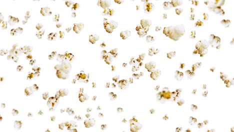 flying many popcorns on white background. white salty popcorn. healthy food. corn seed. 3d loop animation of popcorn rotating.