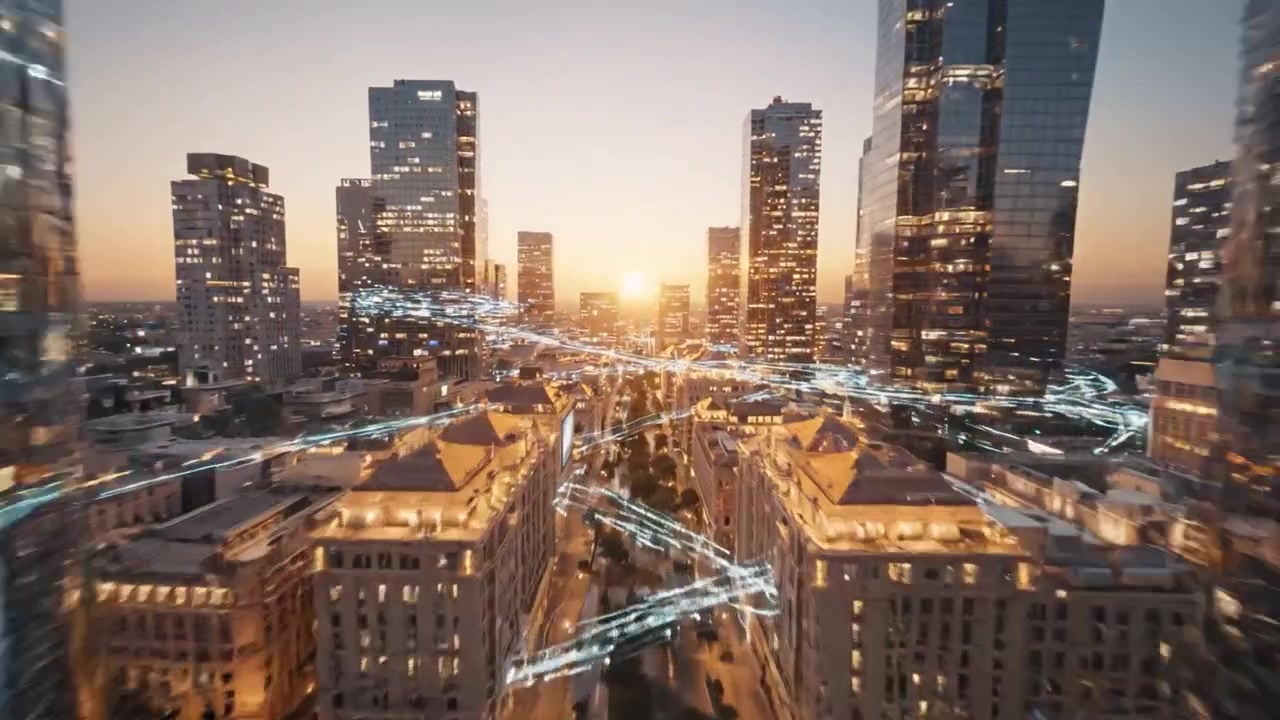 Paisagem urbana futurista exibindo transporte avançado e tecnologias de cidade inteligente sob um pôr do sol vibrante em um cenário de metrópole de alta tecnologia.
