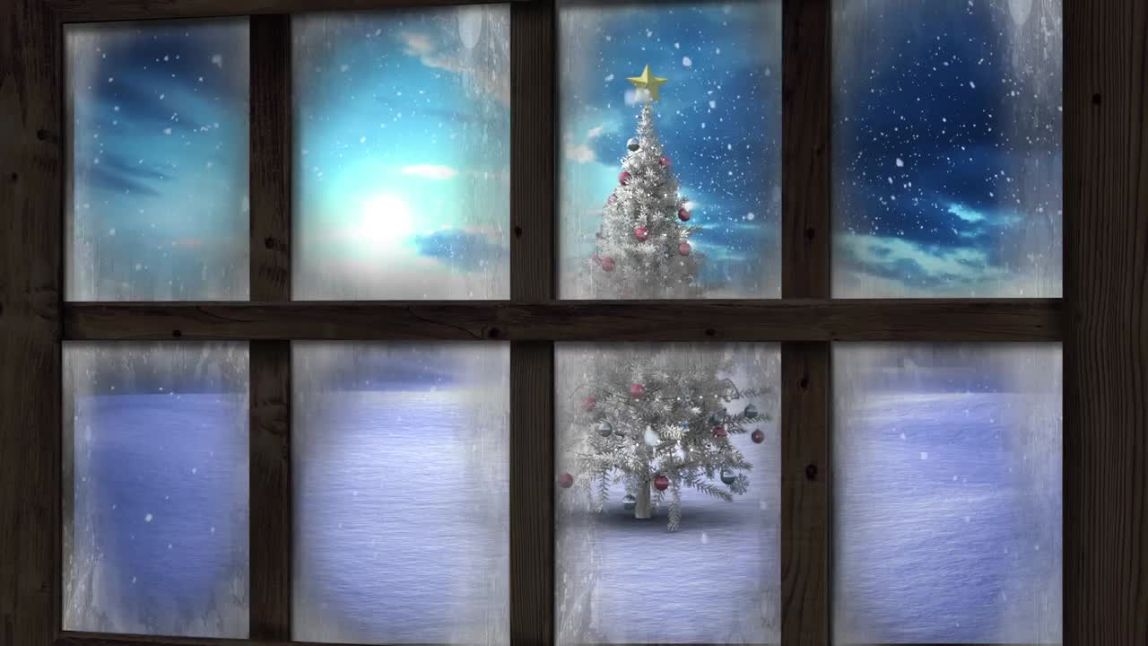 Animation of window view of christmas tree and winter landscape