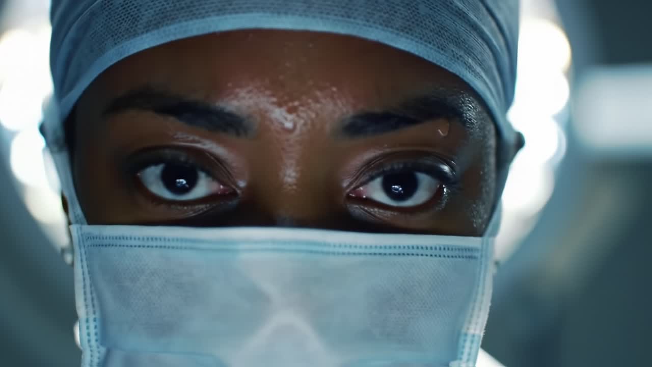 Intense Focus: A Surgeon’s Gaze Under Surgical Lights That's Capturing the Essence of Precision and Dedication in the Operating Room Environment