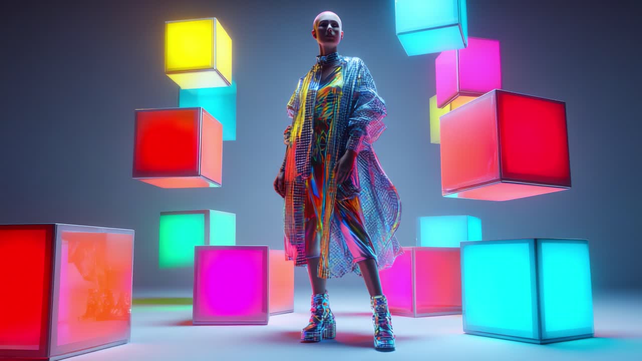 A striking figure stands confidently amidst an array of glowing cubes, showcasing a vibrant display of colors and futuristic fashion that captivates the viewer's attention