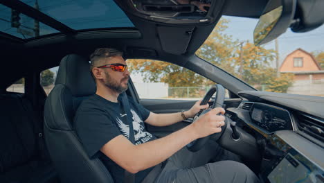 Interior of new premium Audi. Audi customers testing the new Audi e-tron electric car