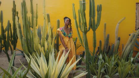 woman in yellow dress among cacti
