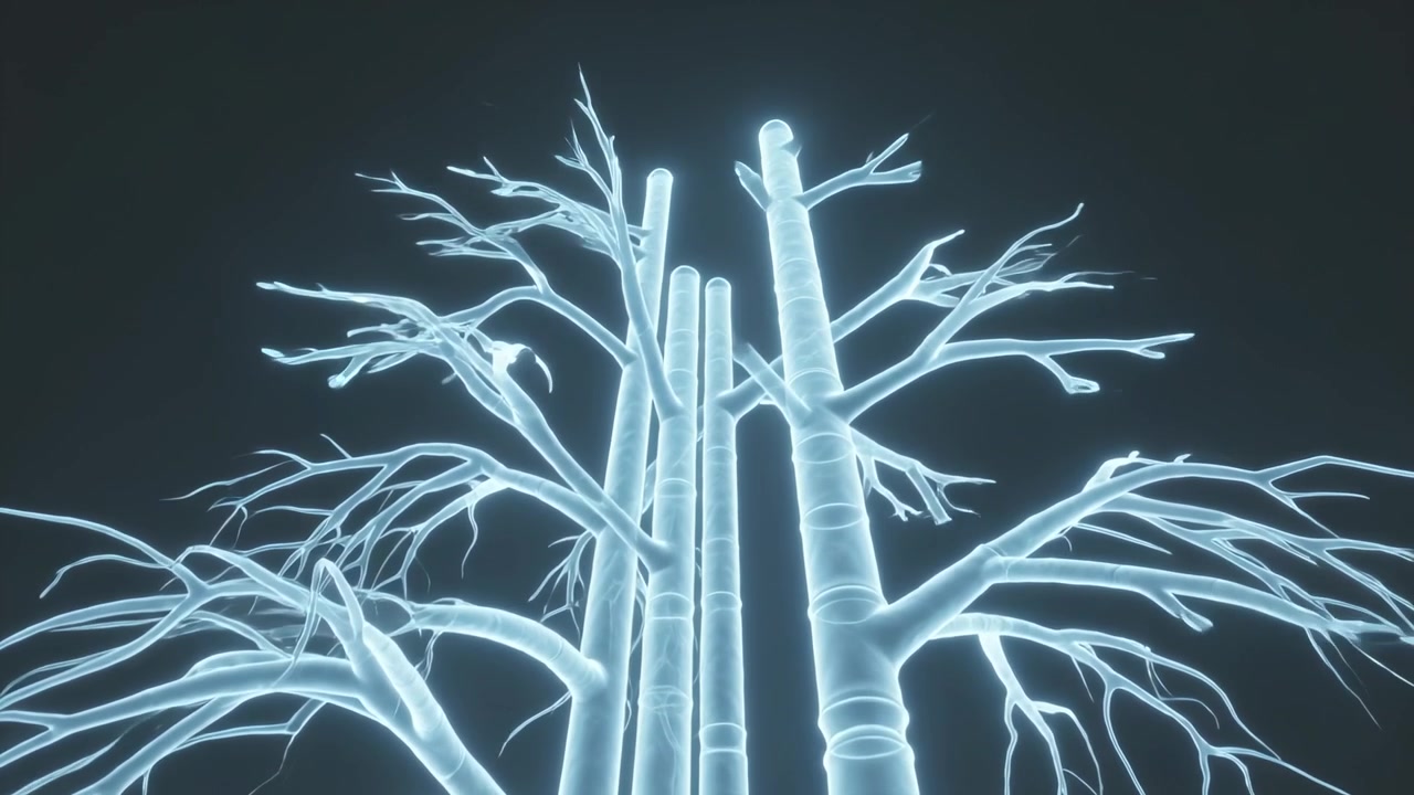 Rising camera revealing clustered glowing tubular stalks in dark void, showing fine branching twigs