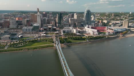 high aerial of suspension bridge and downtown cincinnati, ohio