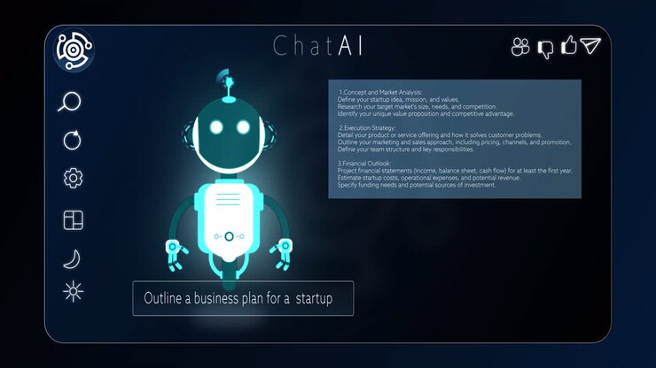 Animazione di icona robot AI in movimento e interfaccia digitale su sfondo nero.
