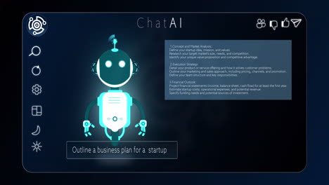 animation of ai robot icon moving and digital interface on black background