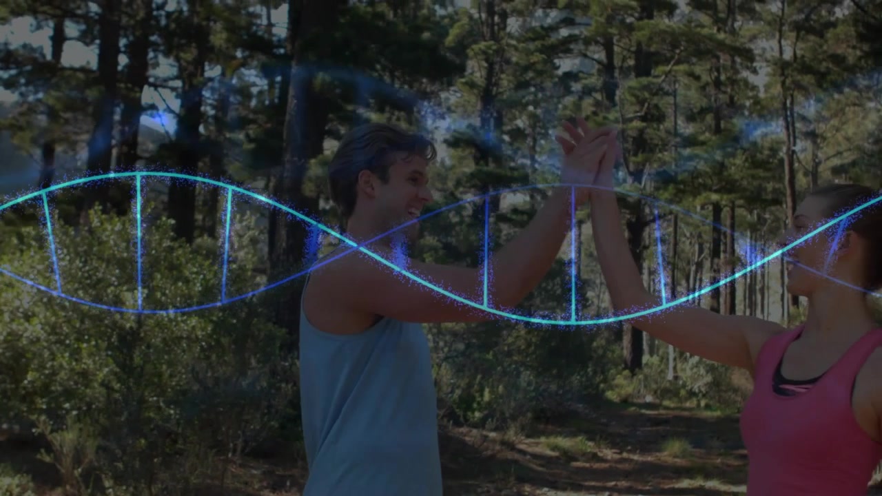 Helix bevæger sig fejende, passerer gennem high-five, mens mand løfter hånden og kvinde nærmer sig på sti til fitness.