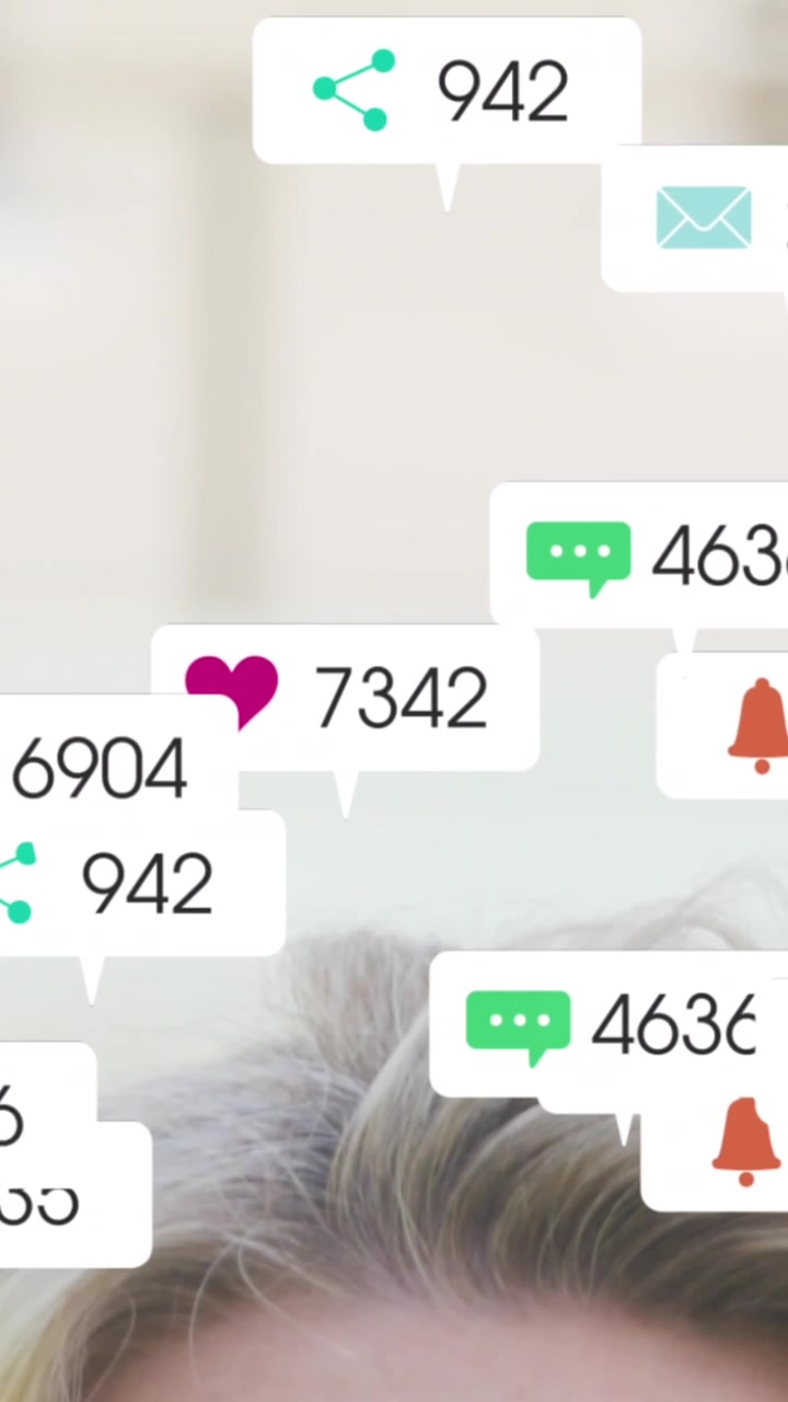 Animation of social media icons and numbers over caucasian woman at home