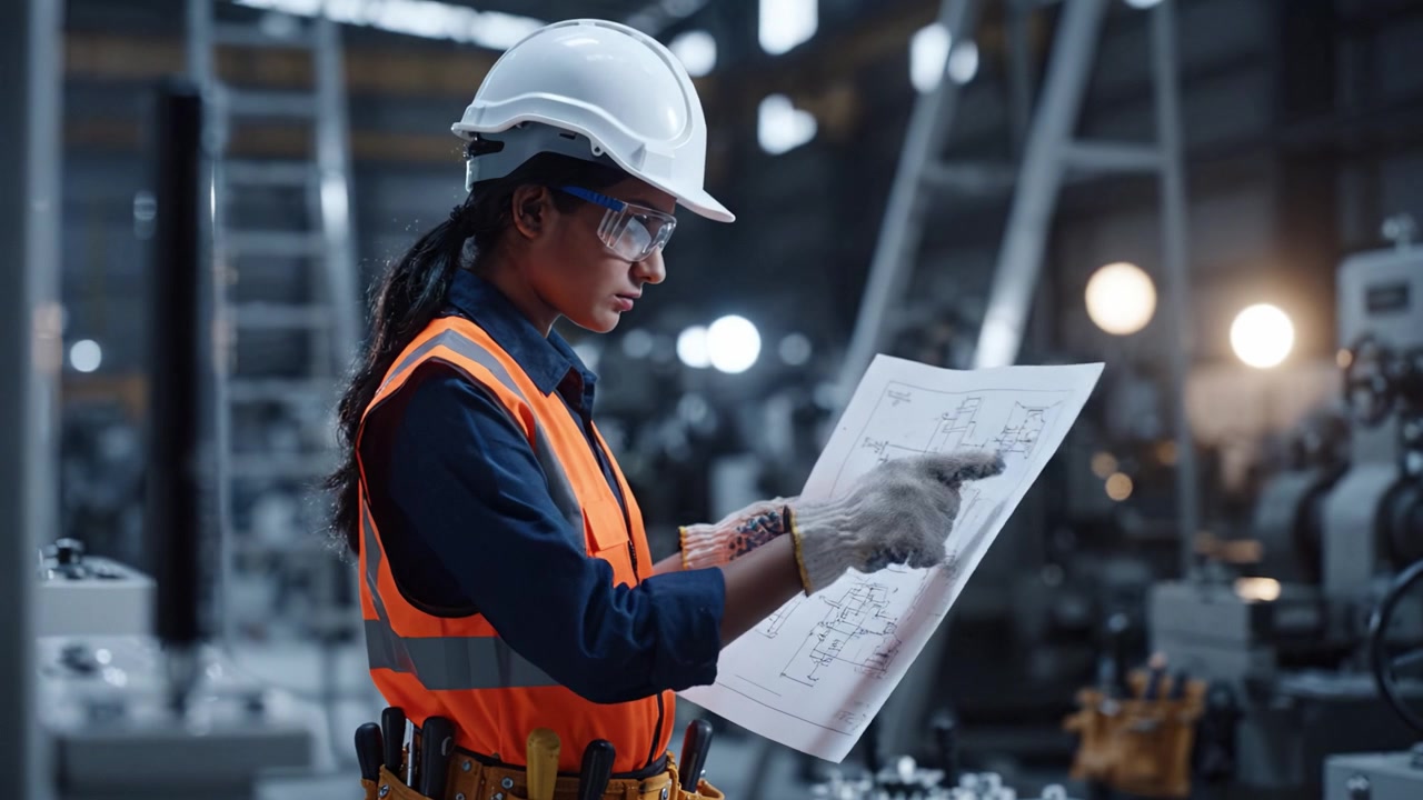 A focused engineer meticulously reviews technical blueprints in a modern industrial facility, demonstrating expertise and commitment to safety and precision in her work.