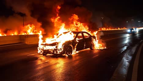 a car is engulfed by flames on the side of the road