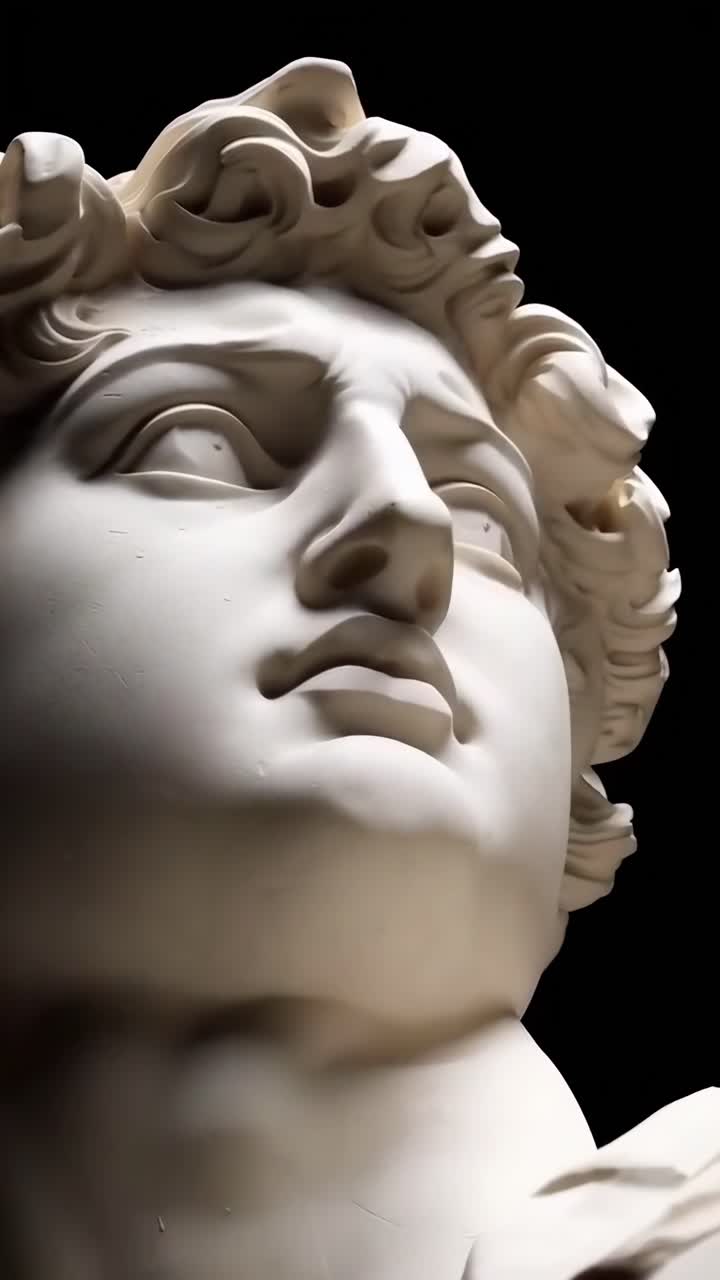 Close-up, low-angle video of a marble statue's face, highlighting intricate details