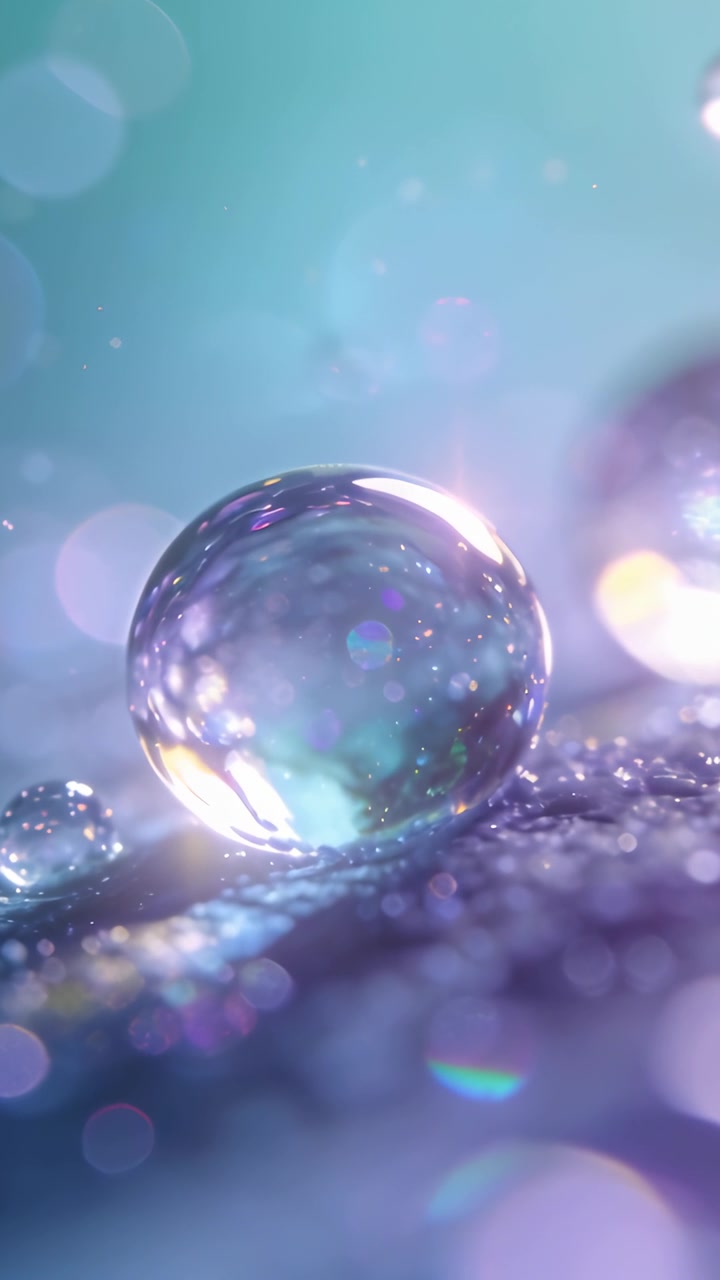 Video verticale: Spostamento della luce che crea scintillii luminosi su goccioline trasparenti su glitter in macro, con effetto bokeh.