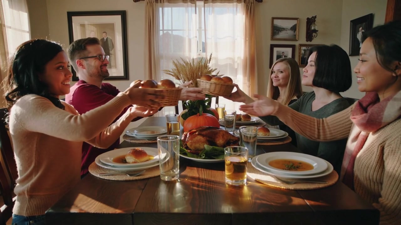 Mujer a la izquierda ofreciendo/pasando una cesta de mimbre en la mesa del comedor, compartiendo panecillos para una comida de otoño con pavo