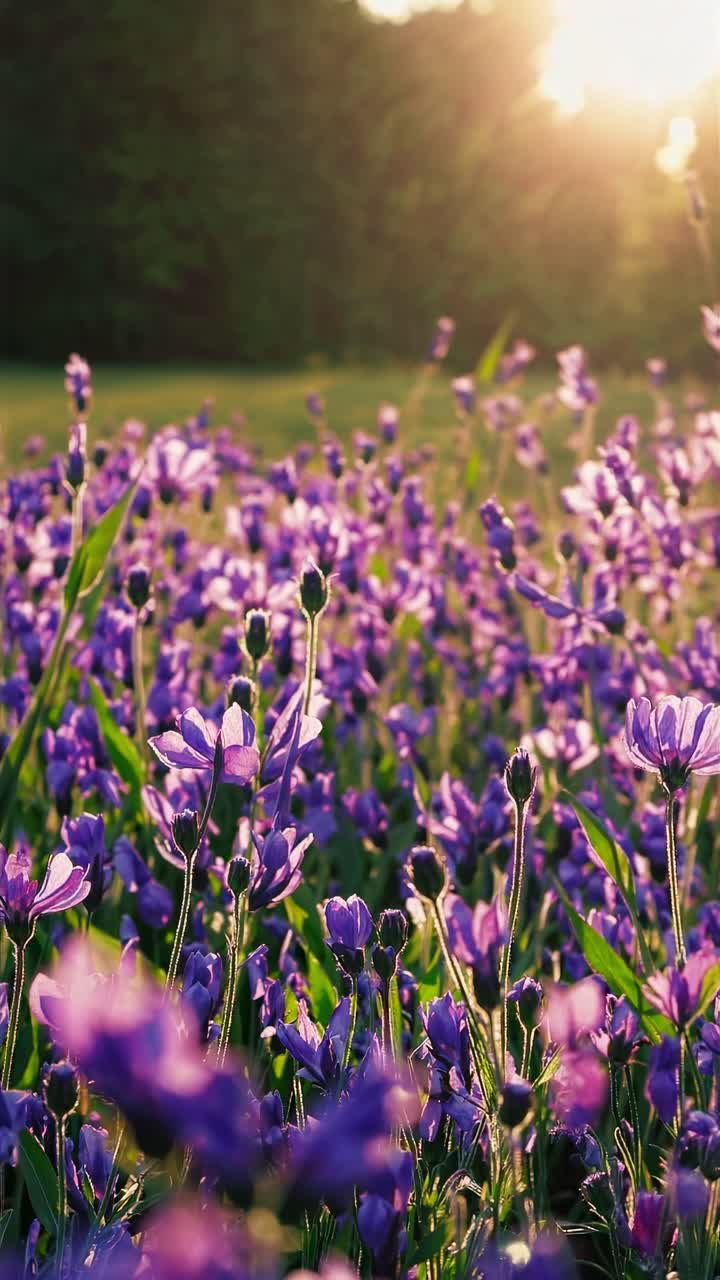 Low-angle video shot of a sunlit field of purple flowers, capturing a dreamy, serene atmosphere
