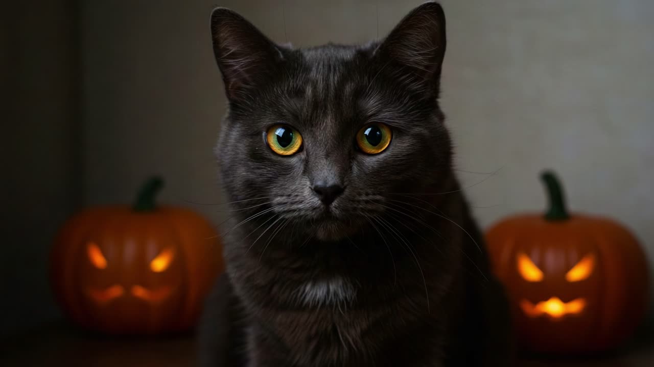 A Spooky Black Cat Poses Gracefully in Front of Glowing Halloween Pumpkins, Capturing the Spirit of Autumn Festivities and Mysterious Charm in a Delightfully Eerie Scene