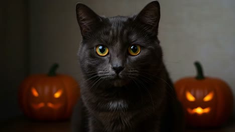 a spooky black cat poses gracefully in front of glowing halloween pumpkins, capturing the spirit of autumn festivities and mysterious charm in a delightfully eerie scene