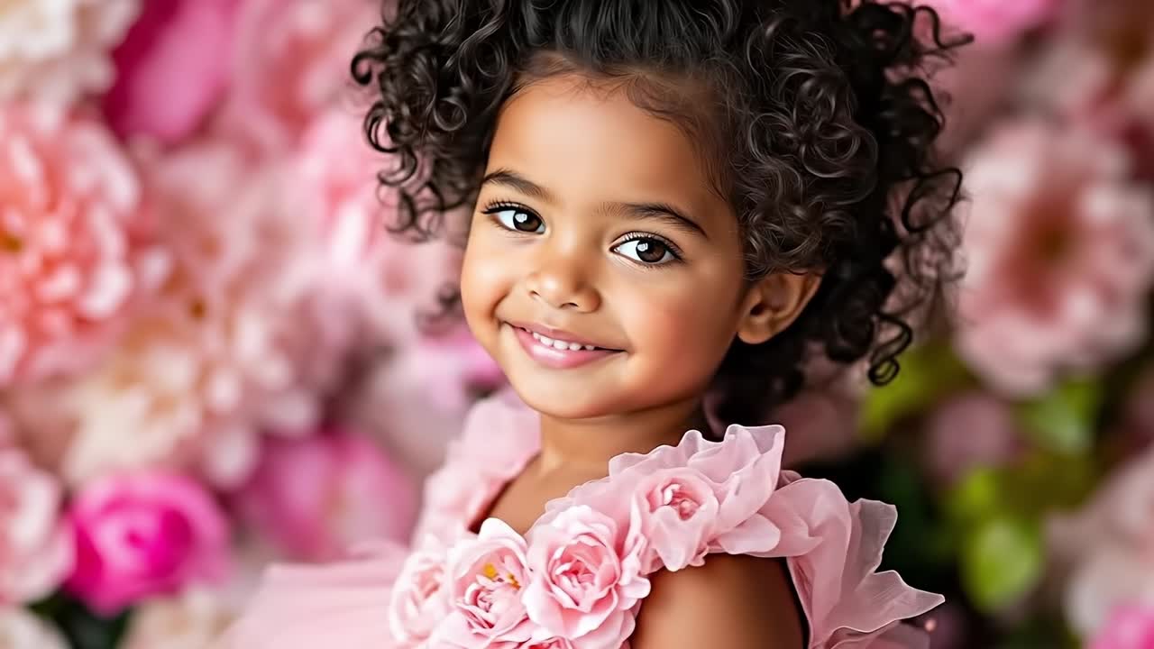 A little girl in a pink dress with flowers in her hair