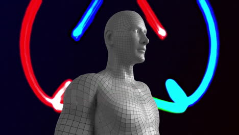 animación de cuerpo humano gris y red de conexiones de neón sobre fondo negro