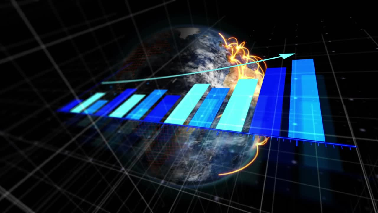 Grid emerging sparking globe rotating, bars growing, line tracing and arcs pulsing visualizing data