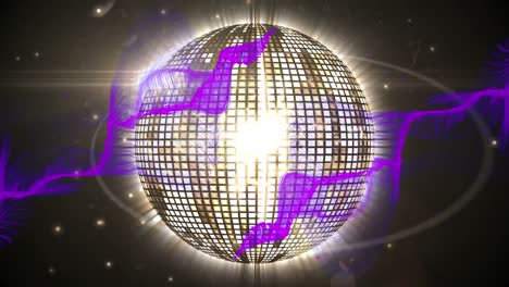 Animation-of-purple-digital-waves-over-golden-glowing-disco-ball-against-black-background