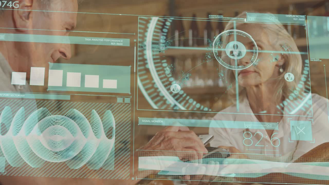 Animation of data processing over diverse people paying with smartphone