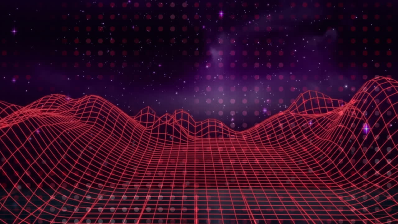 Animation of spots over digital mountains on black background