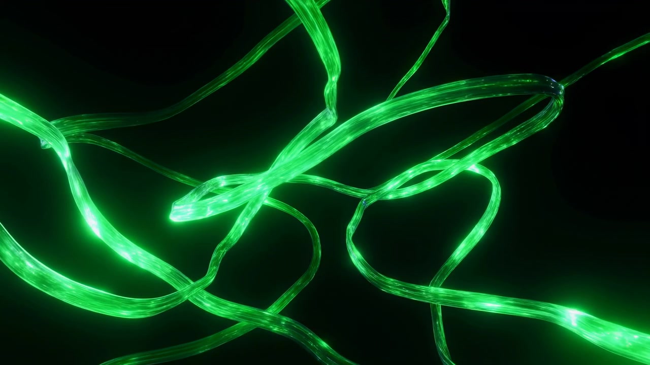 Nastri di luce verde traslucidi si curvano e si intersecano al centro di uno sfondo nero, formando una composizione astratta al neon con vividi effetti luminosi.