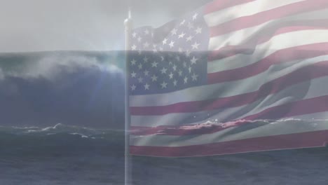 animation of flag of united states of america blowing over waves in sea