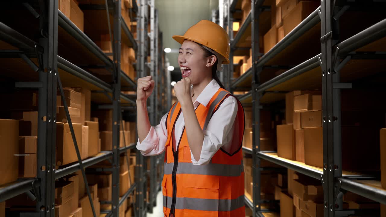 trabajador feliz del almacén celebrando el éxito