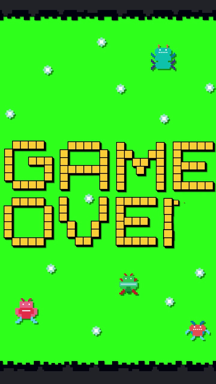 Yüzen piksel canavarlarıyla yeşil bir arka plana karşı "Game Over" metnini oluşturan sarı bloklu harfler.