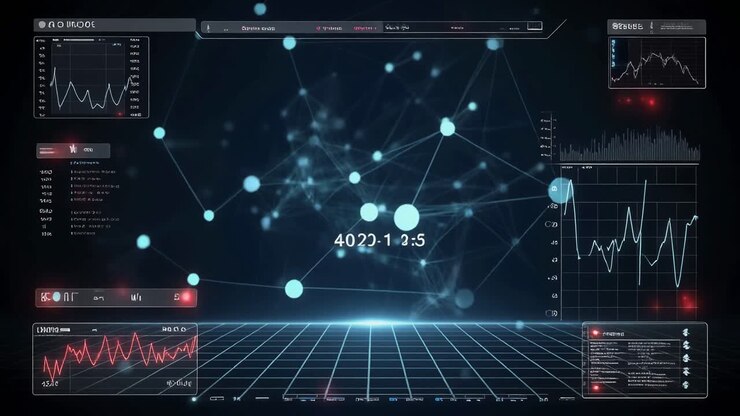 Futuristic HUD Interface with Digital Data Visualization and Network