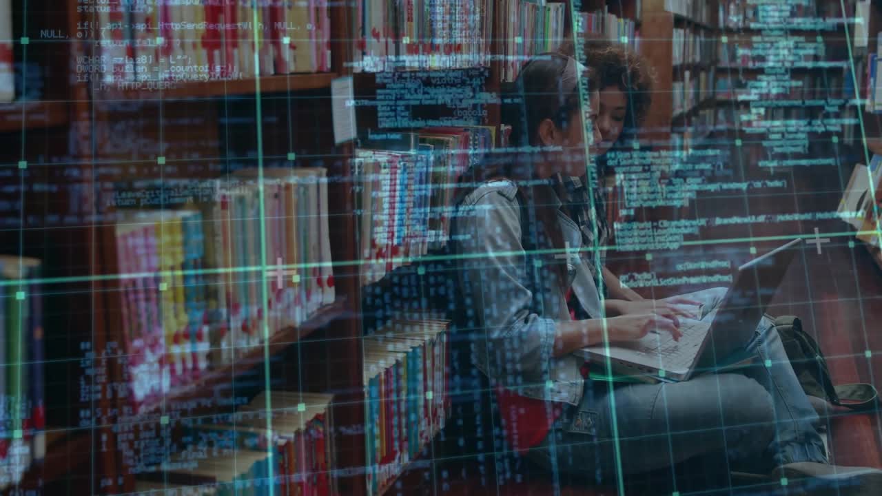 Woman typing on laptop with code overlay in library starting coding after peer joining tech project