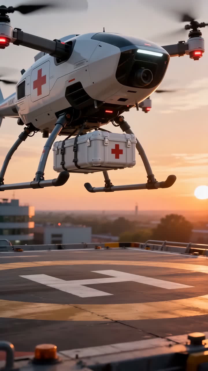 Drone autonomo di emergenza che sale nell'atrio di un ospedale al tramonto, con volo guidato dall'IA che emette un flusso di dati neon di collegamento.