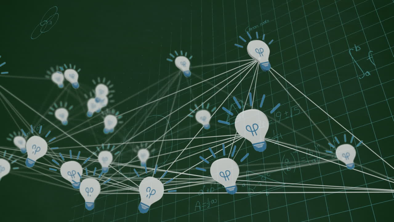 검은 바탕의 수학 방정식 위에 아이콘으로 연결된 네트워크의 애니메이션
