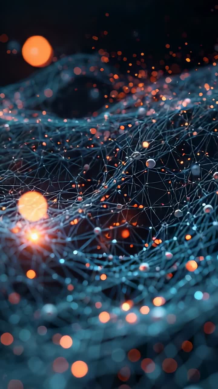 Vertical video: Pulsing pulse driving cyan filament mesh in navy field, revealing orange nodes