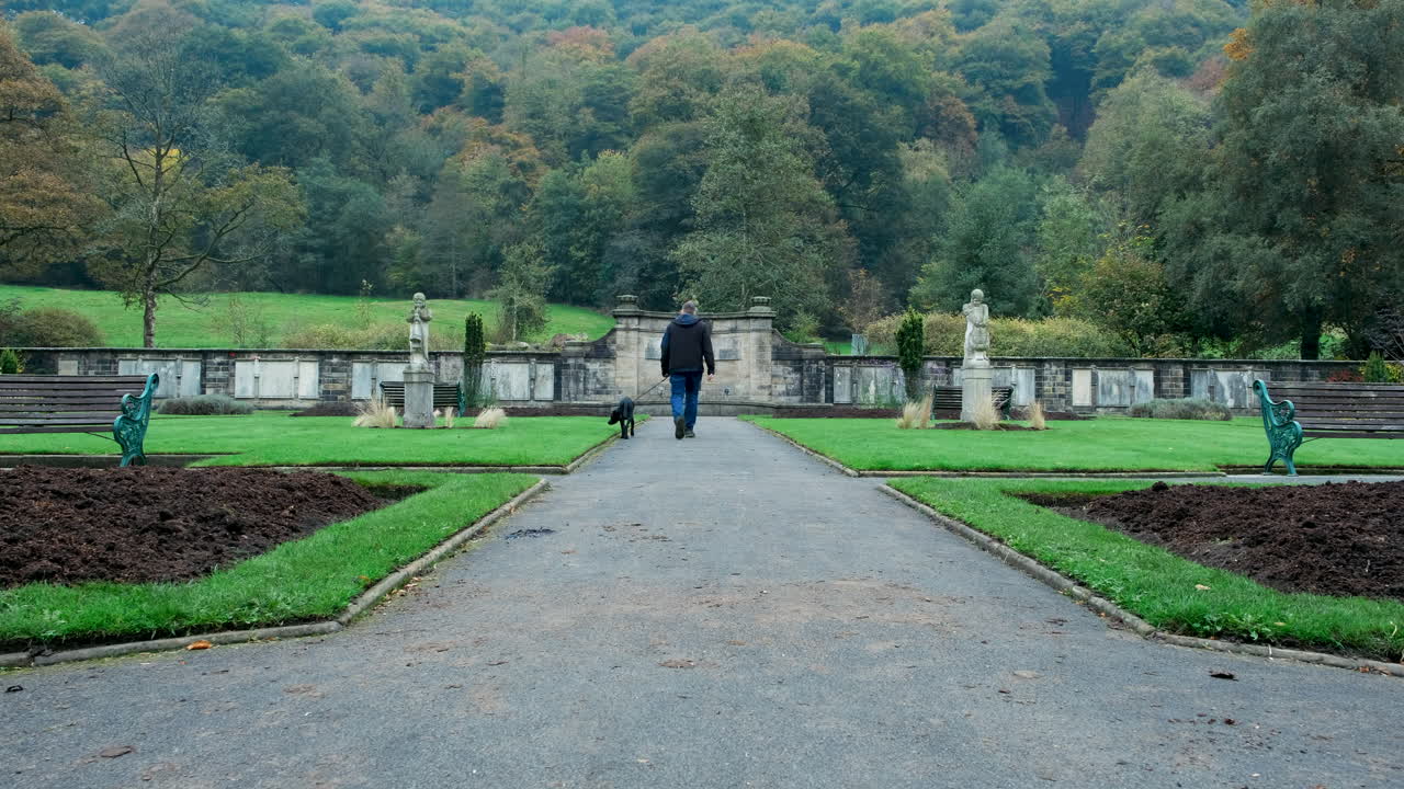 A low symmetrical shot of a man walking his dog away the camera through an autumn war memorial garden surrounded by fallen leaves and soft light