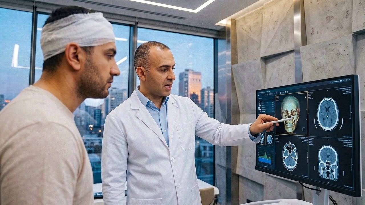 Professionisti medici che esaminano una TAC del cervello umano su schermo di monitor digitale