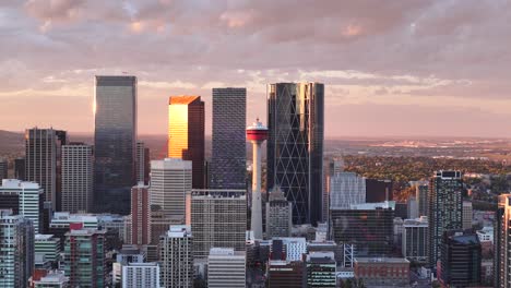 A-static-shot-seen-from-an-aerial-drone-point-of-view-of-the-Calgary-tower-and-downtown-core